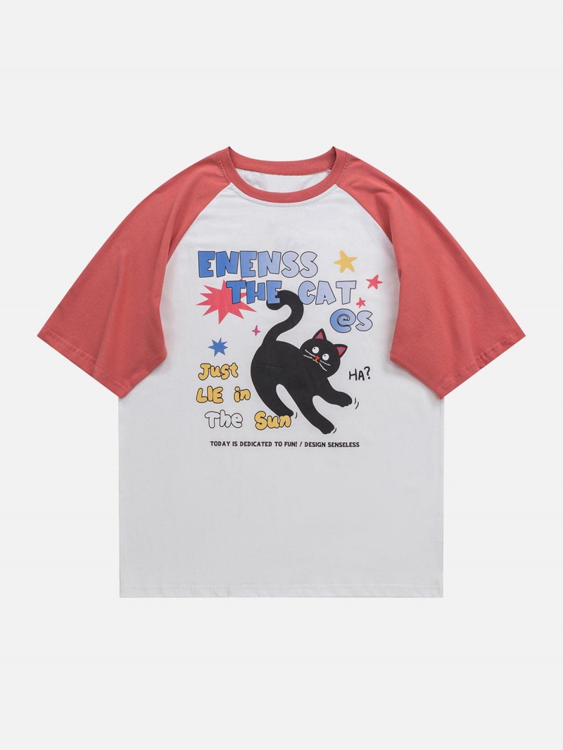 T Shirts Aelfric Eden Cute Cat Print Tee Bleu | JNU-13457704